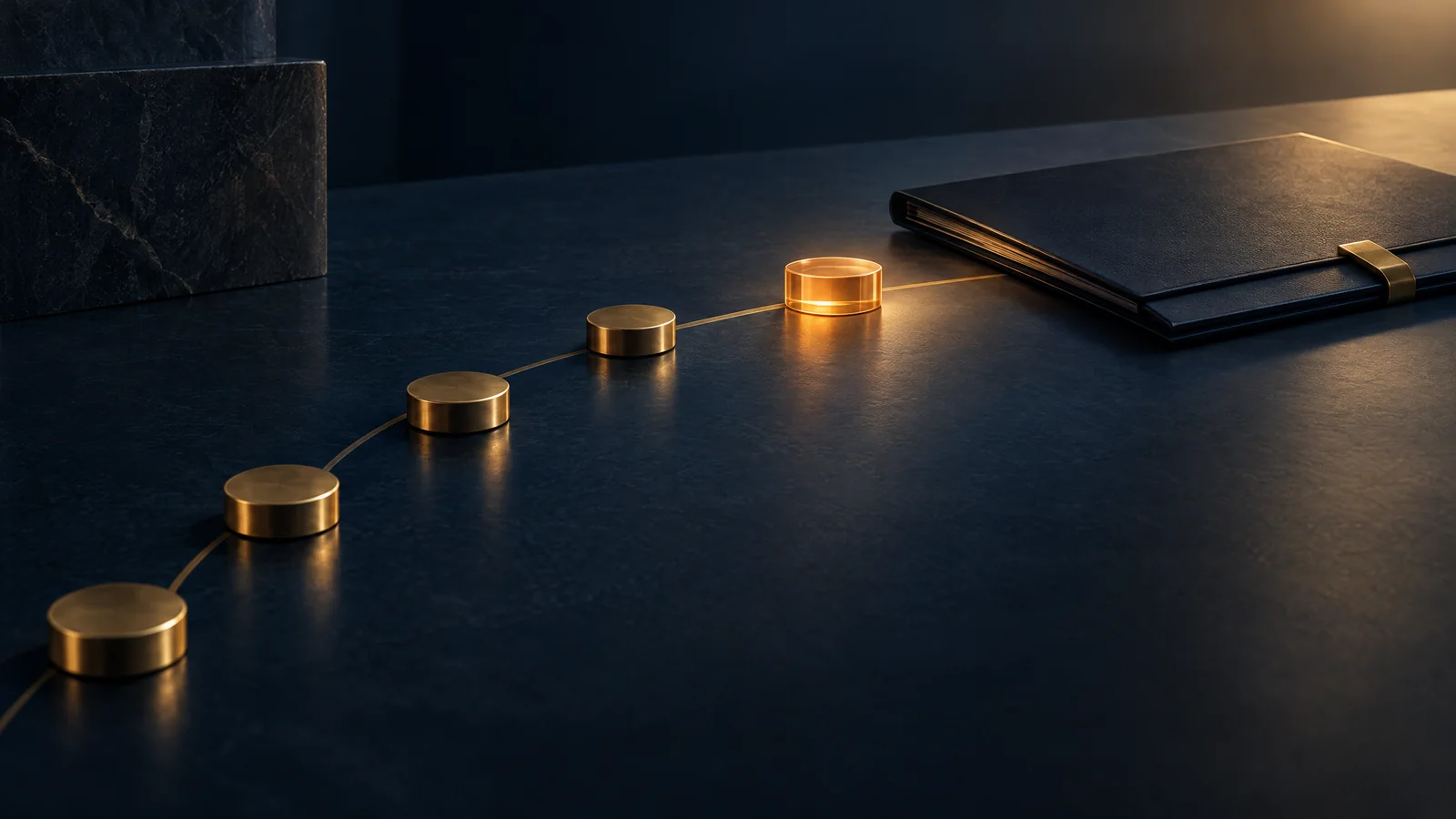 A sequence of brass markers reaching an illuminated amber review point on a dark navy planning table, representing early visibility of a margin variance.