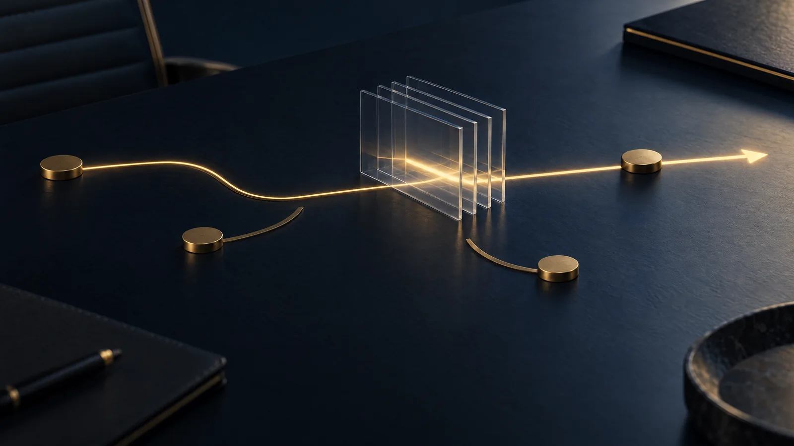 Dark navy editorial tabletop with layered unlabelled cards and a clear brass route line, representing tracing a margin leak.